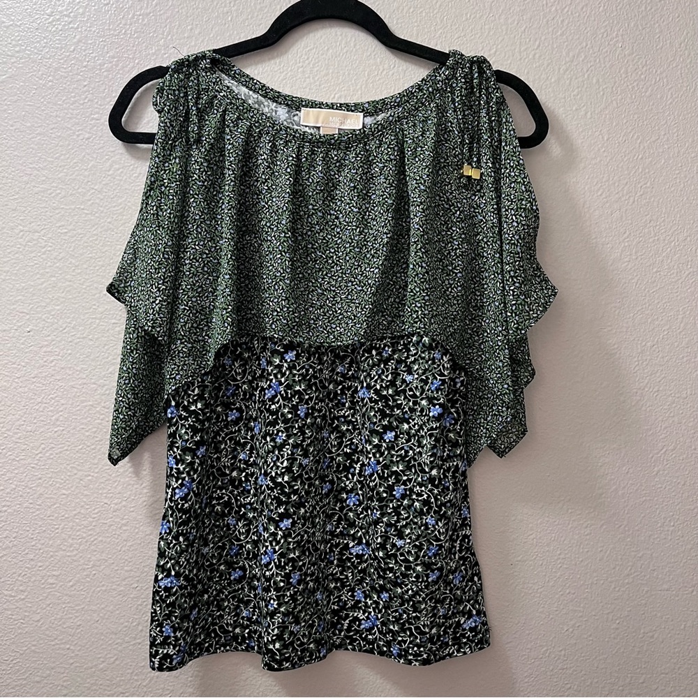 Michael Kors Women's Floral Print Tank Top With Flutter Sleeves Green XS